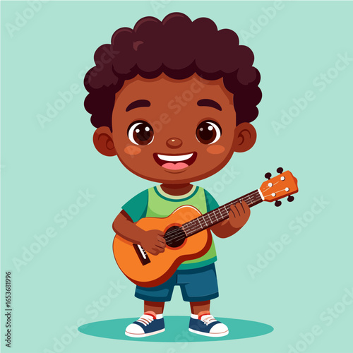 Boy with a brown complexion is smiling and joyfully playing a brown Ukulele instrument on a light turquoise background, music and childhood.
