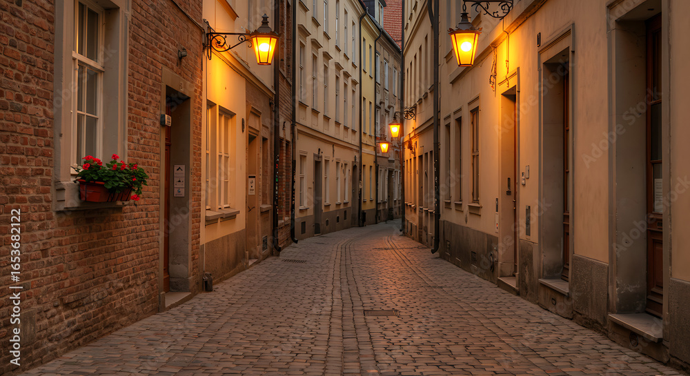 Fototapeta premium Cobblestone Alleyway at Dusk Charming European Street Scene