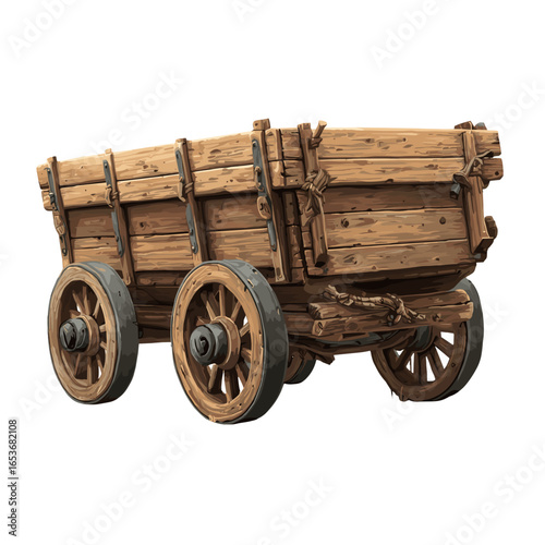 Wooden Cart on Wheels: A meticulously crafted, aged wooden cart, robust with sturdy wheels, stands as a timeless symbol of rustic transportation, ready for a journey back in time.