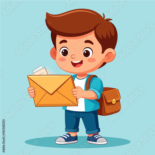 Cartoon boy holding a yellow envelope with letters, wearing a backpack and blue clothes, smiling with a light blue background, vector illustration.