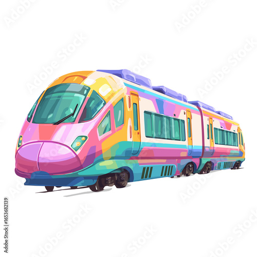 Colorful Train: A vibrant, whimsical train illustration, rendered in vivid hues, zipping across an imaginary track, suggesting adventure, travel, and the joy of a journey.