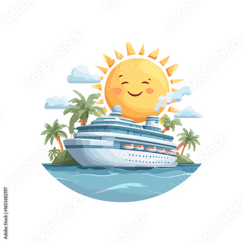 Cruise Ship's Joyful Journey: A vibrant illustration depicts a cruise ship sailing on a calm ocean, accompanied by a smiling sun, palm trees, and fluffy clouds. It’s an embodiment of joyful travel.