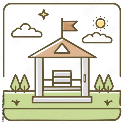 Illustrative scene of a gazebo with a flag under a sunny sky with clouds and a star