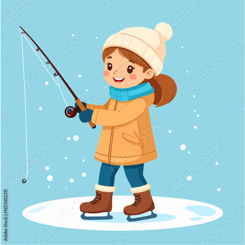 Cartoon girl ice fishing with rod and reel on a snow covered pond while wearing a winter coat, hat, scarf and ice skates, against a light blue snowy background.