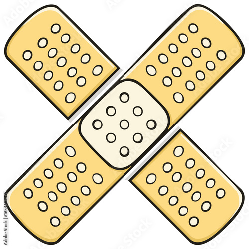 Cartoon illustration of crossed adhesive bandages for wound care and medical assistance on a white backdrop
