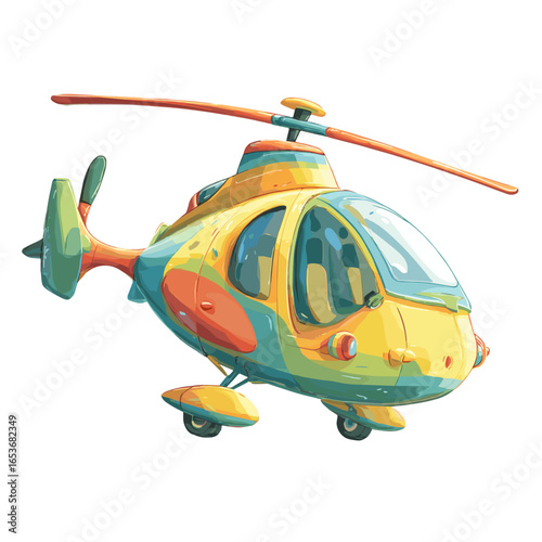 Joyful Helicopter Illustration: A vibrant and cheerful illustration of a playful helicopter, showcasing a spectrum of colorful hues and intricate details, set against a pristine backdrop.