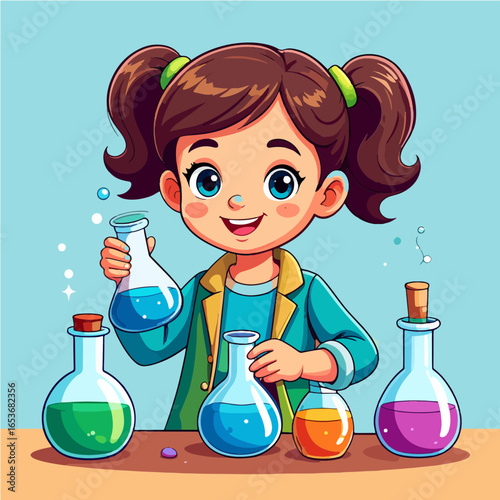 Cartoon girl in a lab coat conducting a science experiment with beakers containing different colored liquids against a light blue background.