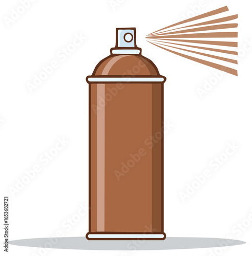 Brown aerosol spray paint can spraying mist, vector graphic cartoon illustration