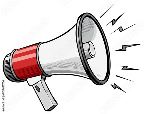 Red and White Megaphone with Sound Waves Loud Announcement and Urgent Call