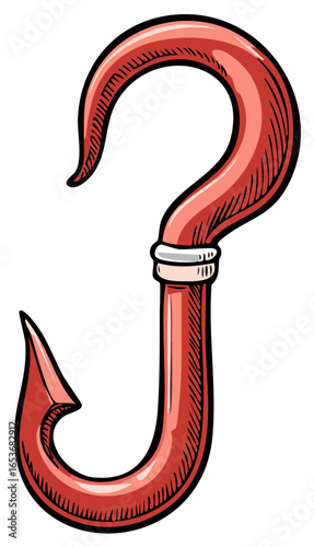 Question mark shaped red fishing hook illustration symbol for dilemma or query