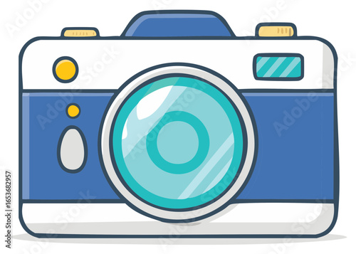 Vibrant cartoon digital camera illustration featuring a cheerful blue and white design with a prominent teal lens