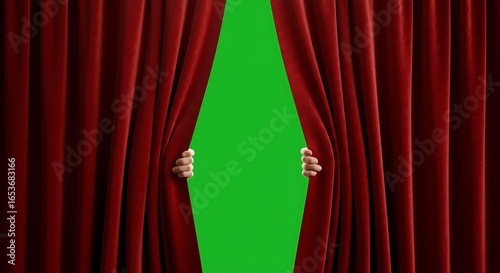 Hands Peeking Through Red Theater Curtains with Green Screen Background