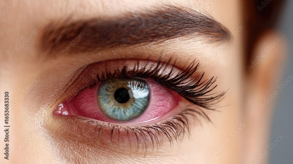 Obraz premium Woman face close up showing irritated red eye concept. Close-up of a striking human eye showcasing unique colors.