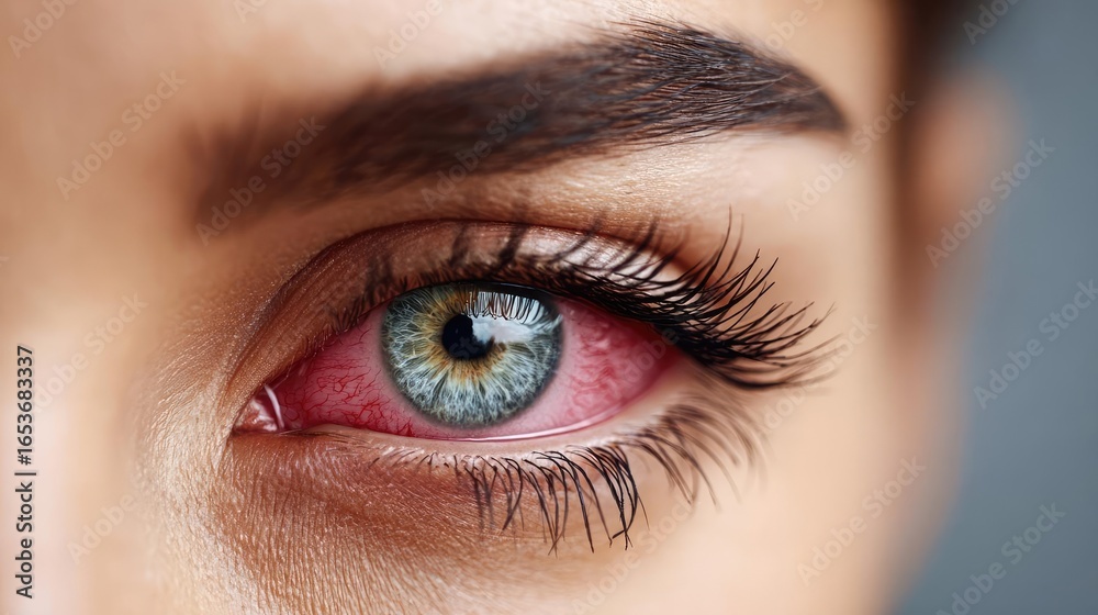 Obraz premium Woman face close up showing irritated red eye concept. Close-up of a striking blue eye with detailed eyelashes and iris.