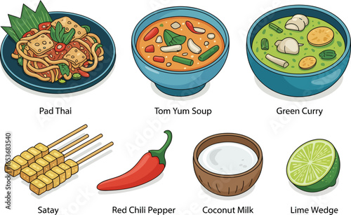 Assortment of Thai Food Dishes and Ingredients pad thai