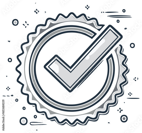 Doodle Style Check Mark Inside Jagged Circle Shape with Splatter Graphic Element