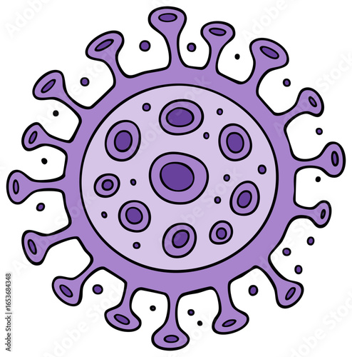 Cartoon virus microbe with purple spikes and circular pattern