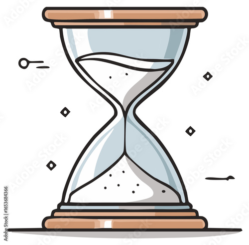 Cartoon hourglass with sand falling and abstract motion lines symbolizing time passing