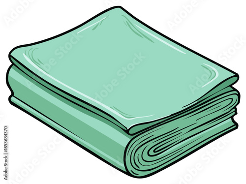 Stacked folded fabric sheets in a mint green color, presented in a cartoon style