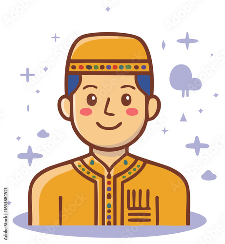 Happy Muslim man wearing traditional religious clothing and kufi hat with decorative elements