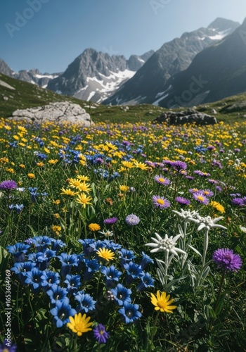 Pristine Alpine Meadow with Edelweiss, Gentian, and a Majestic Mountain Vista