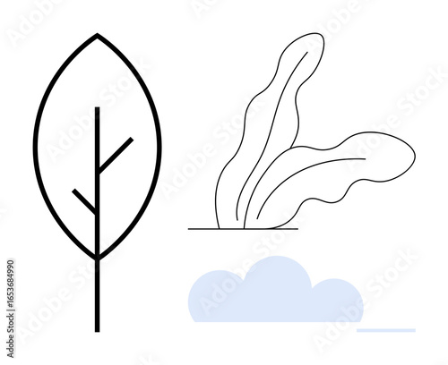 Leaf with simple lines, abstract plants, and a softly outlined cloud. Ideal for nature, eco-awareness, sustainability, gardening, relaxation environmental education and minimalism themes. A simple