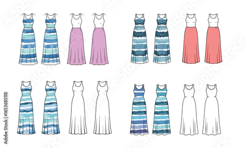 Summer dress fashion design sketch with colorful patterns illustration 
