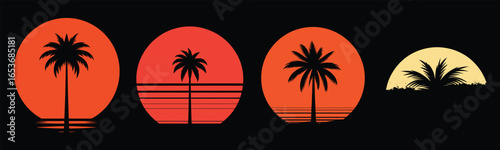 Three vibrant orange surfboard shapes with tall palm tree silhouettes and a sunset graphic silhouette
