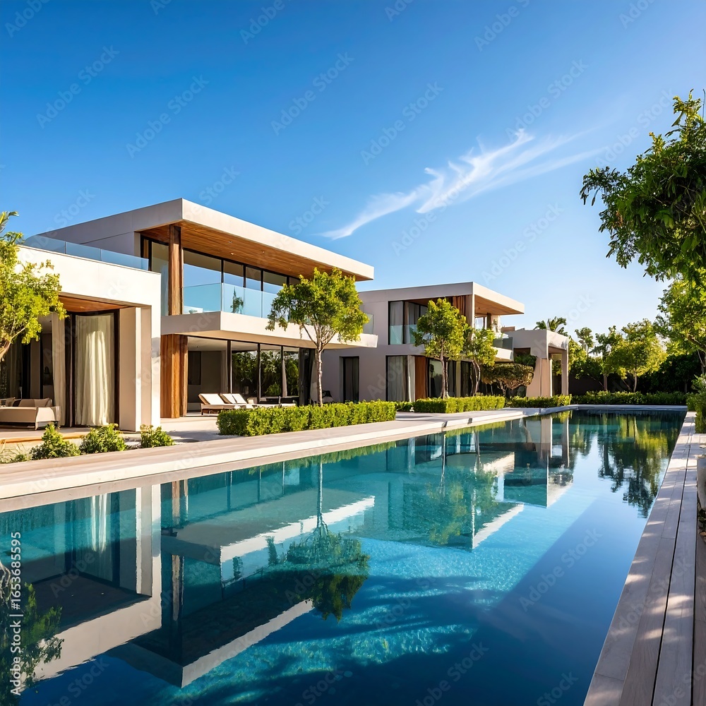 Fototapeta premium Modern, luxury homes with a long reflecting pool