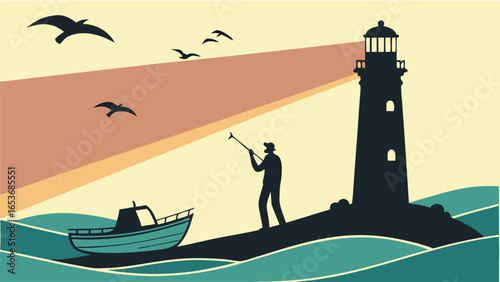 Retro styled coastal illustration:  Silhouette of a man signaling, small boat at sea, lighthouse beam, birds in flight,  calm ocean waves, vintage color palette, hopeful mood, nautical theme.