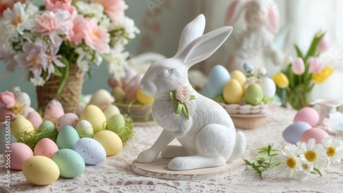 White Ceramic Easter Bunny Centerpiece with Pastel Eggs and Spring Flowers