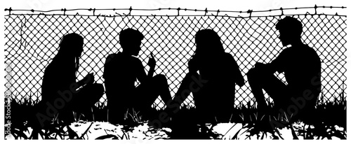 Adolescent Contours: Four Teens Silhouetted Against Rails