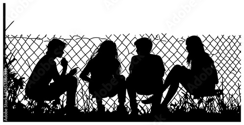Silhouette of Four Teens Sitting Against a Fence