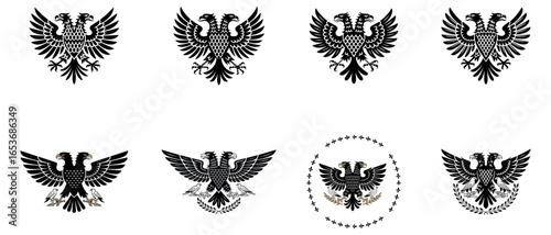 Black heraldic eagle emblems and symbols set isolated on white background illustration
