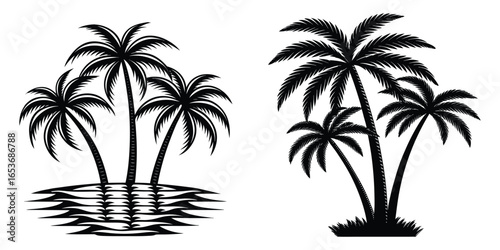 A vibrant vector illustration of tropical tall palm trees silhouetted against a golden sunset on a sandy beach