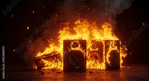 Speakers on Fire Bright Orange Flames Intense Explosion in Dark Environment