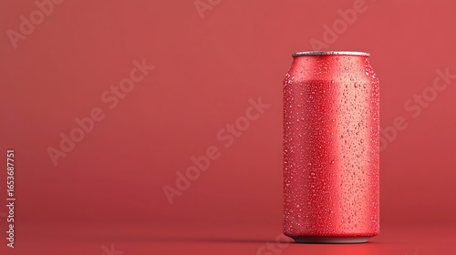 Cold red soda can with water droplets on a red background