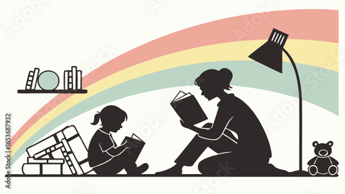 Silhouette of mother and daughter reading books together, pastel rainbow backdrop, calm and loving bedtime story scene, minimalist vector illustration, family bonding, childhood education concept.