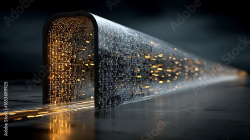 A futuristic, digital tunnel with glowing, binary code and light trails, set against a dark, industrial background.