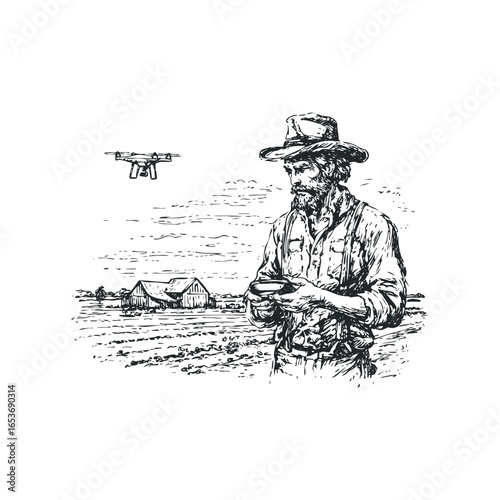 Farmer operating drone in field near barns with hand-held controller
