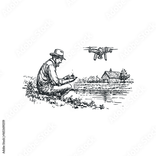 Farmer inspecting crops with a drone overhead in a rural landscape