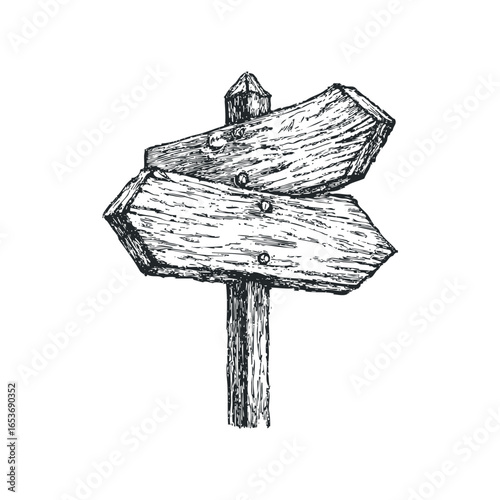Rustic wooden directional signpost with two weathered pointers