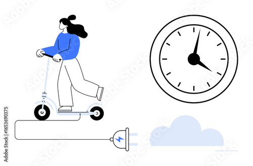 Woman riding an electric scooter, plug with lightning symbol, analog clock, and clouds. Ideal for sustainability, eco-consciousness, energy efficiency, time management, commuting innovation