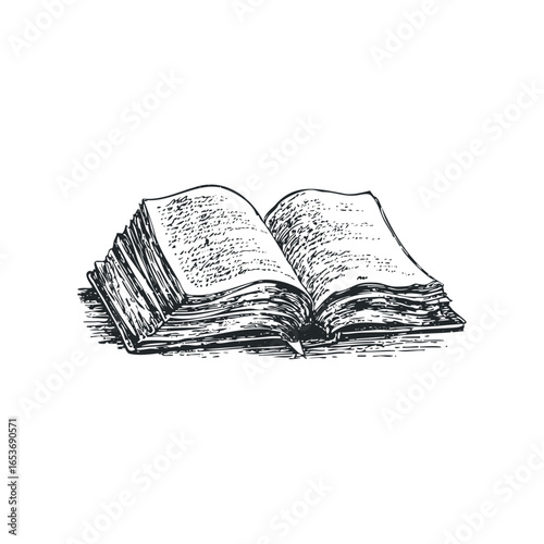 Detailed Sketch of an Open Hardcover Book with Textured Pages