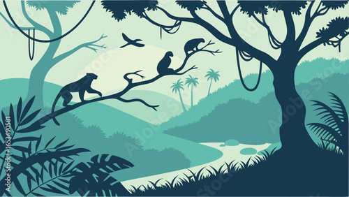 Serene Teal Jungle Landscape: Monkeys, Birds, and Lush Foliage Silhouette Against a Calm River and Rolling Hills, Evoking Tranquility and Peaceful Wildlife.