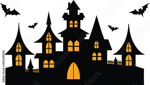 Spooky Halloween Haunted Castle Silhouette with Bats on transparent background