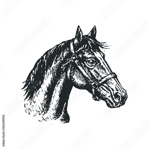 Intricate Monochrome Sketch of a Horse's Head with Bridle