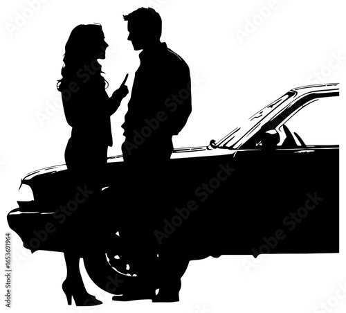 Silhouette of Couple Leaning Against Car Talking, Side View