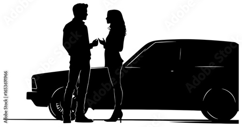 Silhouette of Couple Leaning Against Car Talking, Side View