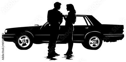 Silhouette of Couple Leaning Against Car Talking, Side View